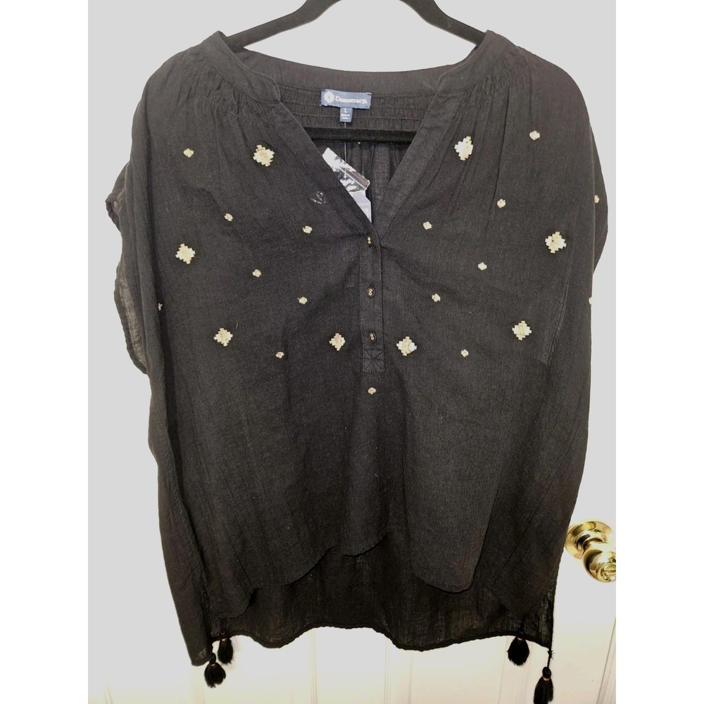 Democracy Shirt Womens Lg Blue Black Sheer Henley Tunic Top Long Sleeve Boho